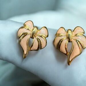 Trifari Gold-Tone Peach Enamel Bow Clip-On Earrings